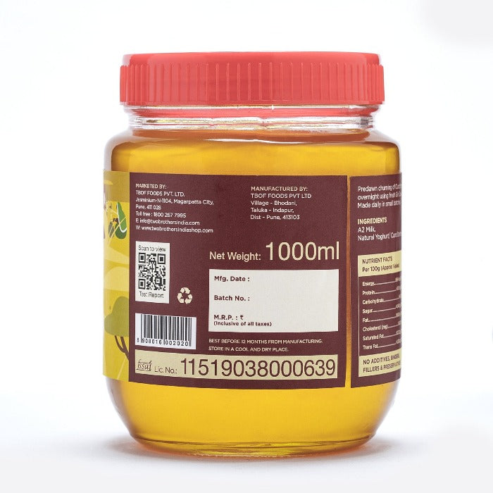 Two Brothers Organic Farms A2 Gir Cow Cultured Ghee | Cultured Cow Desi Ghee | Curd-Churned Bilona Ghee | Pure, Natural, and Healthy Two Brothers Organic Farms