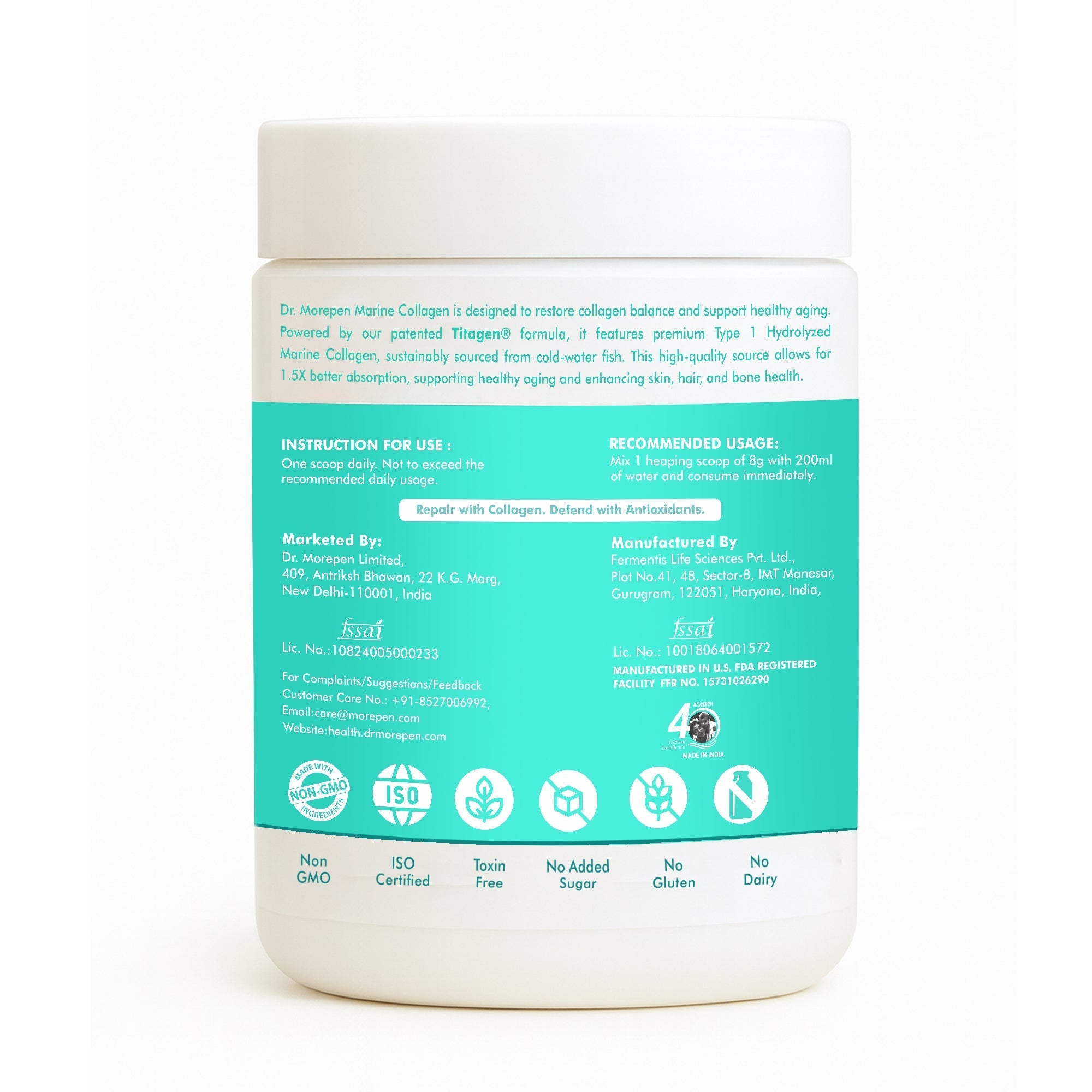 Dr. Morepan Marine Collagen Powder with Glutathione, Hyaluronic Acid, Resveratrol & Biotin Lemon Lime Flavour Dr. Morepen