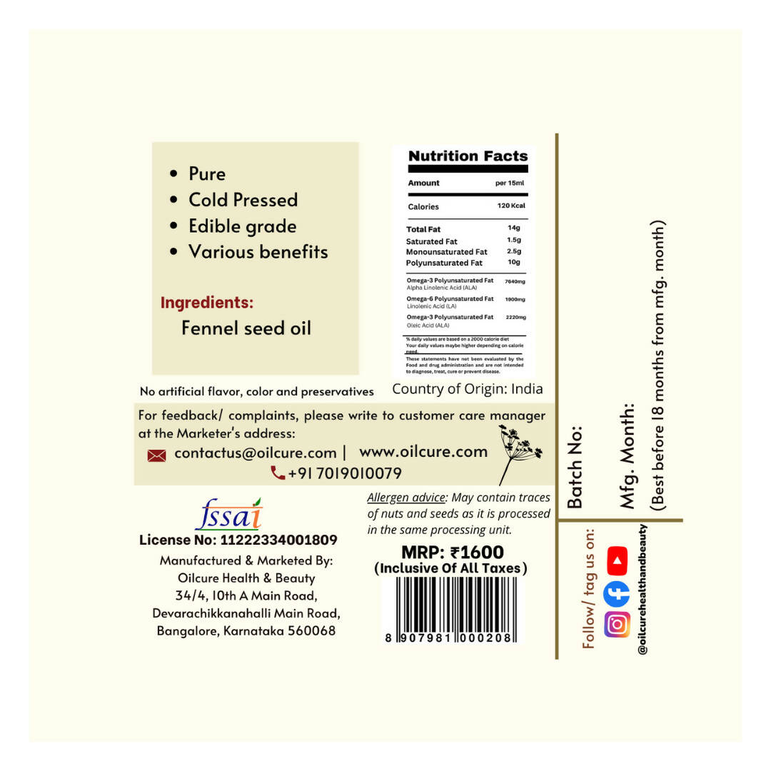 Oilcure Fennel Seed Oil (Saunf) Cold Pressed Oilcure