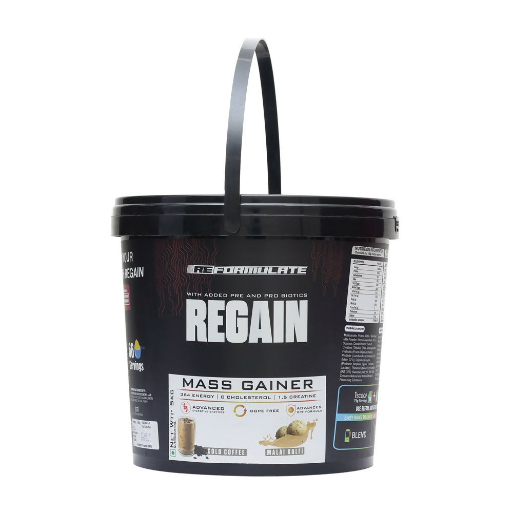 Reformulate Regain I Mass Gainer with Added Pre and Pro Biotics I 364 Energy | 1.5 Creatine - Cold Coffee & Malai Kulfi Reformulate