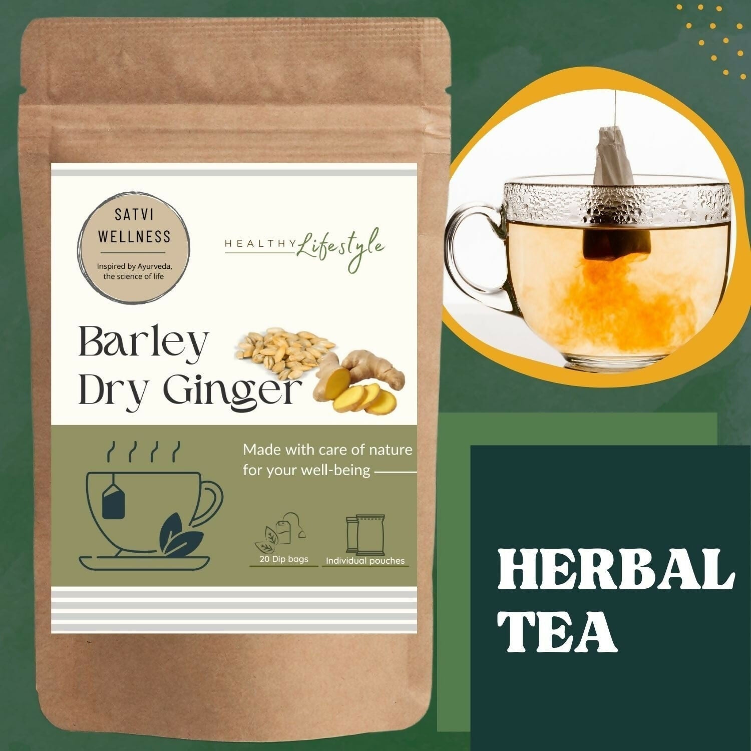 Satvi Wellness Barley Ginger Tea | Barley Seed With Ginger Herbal Tea Bags Satvi Wellness