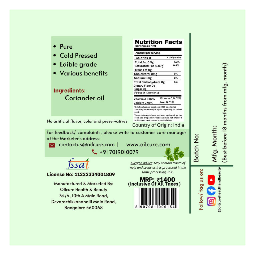 Oilcure Coriander Seed Oil Cold Pressed Oilcure