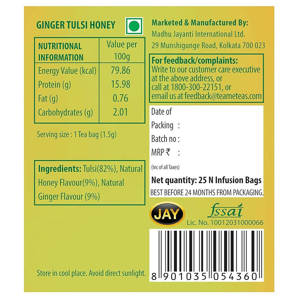 TE-A-ME Charge Ginger Tulsi Honey Herbal Infusion Tea Bags TE-A-ME
