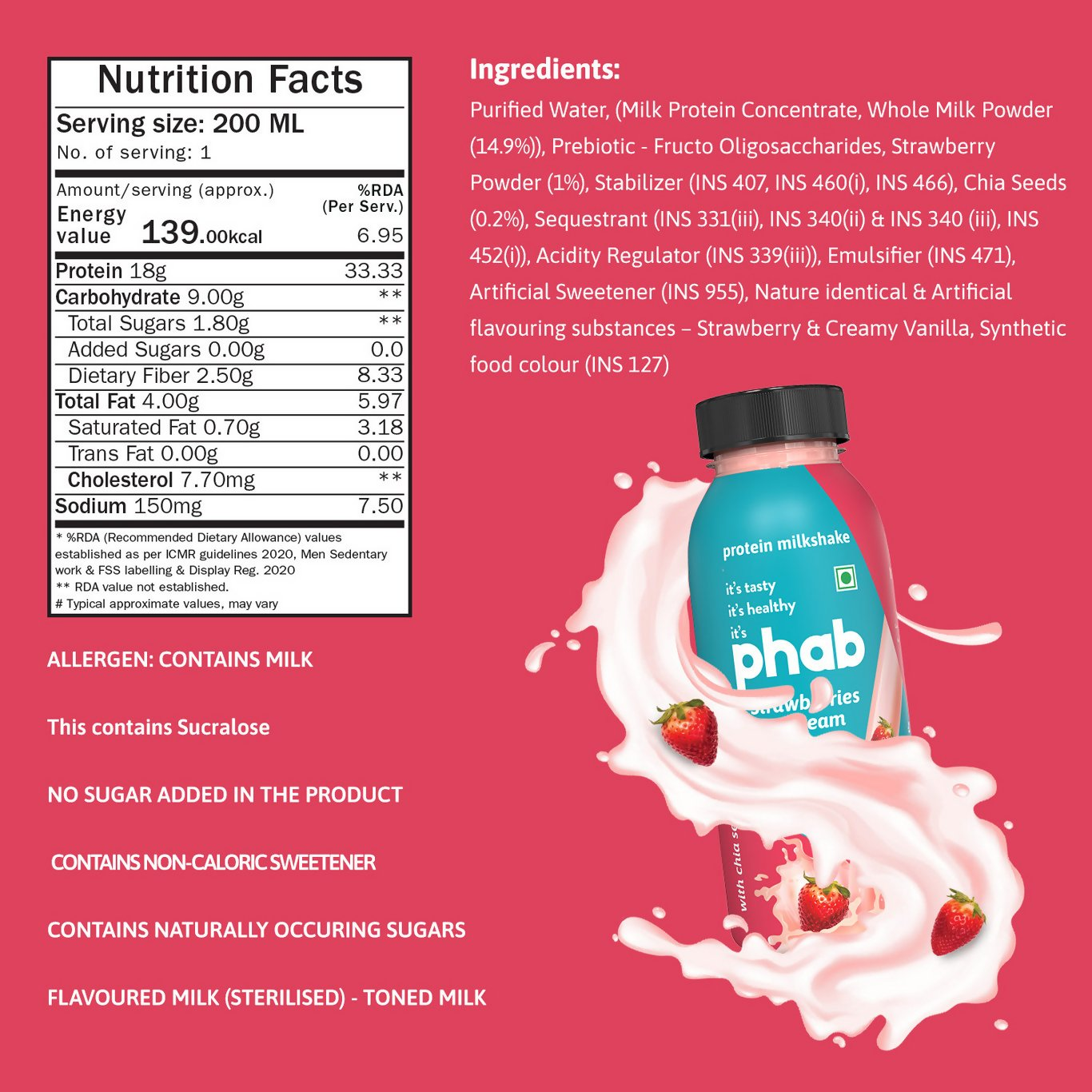 Phab Protein Milkshake With Protein Strawberries & Cream Flavour Phab