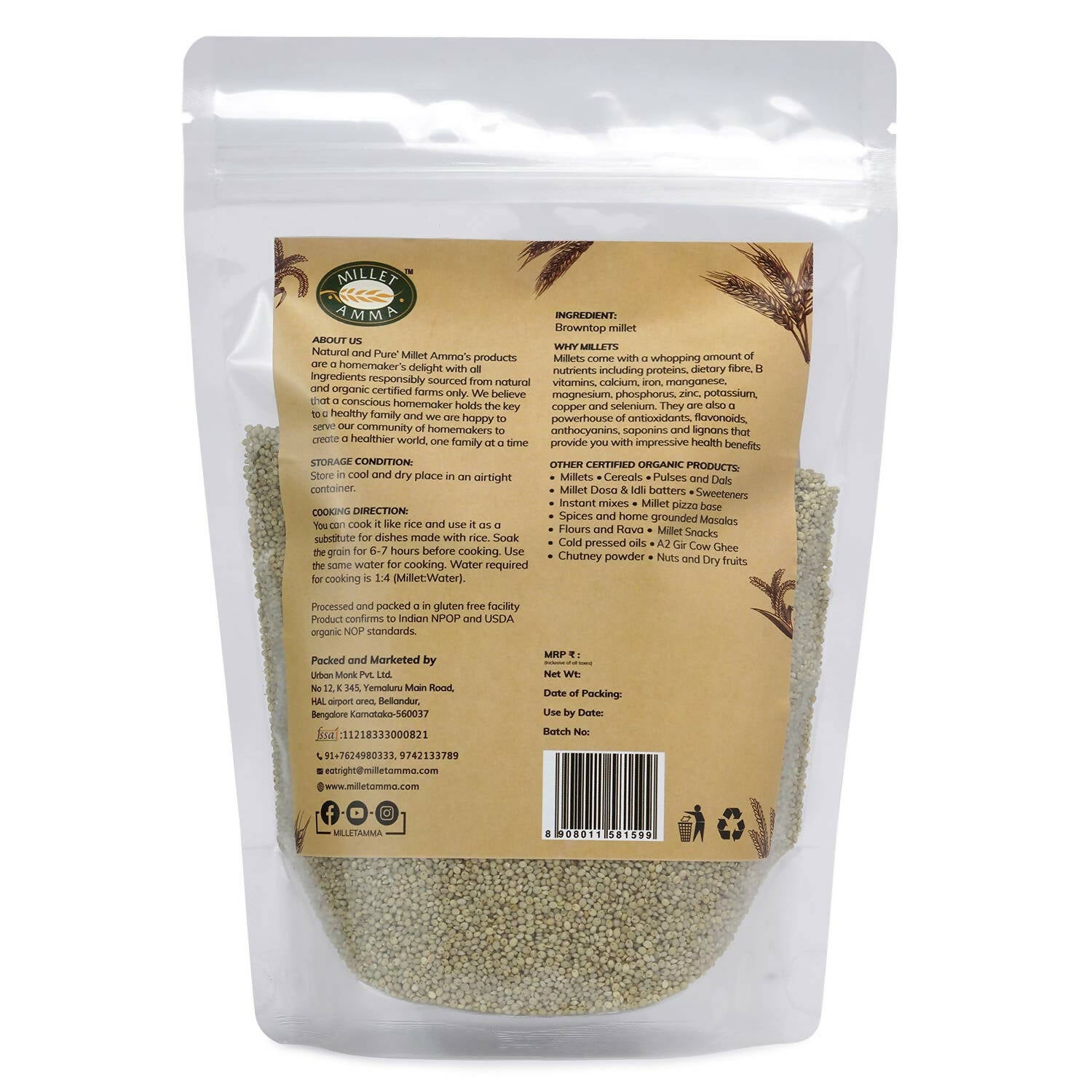 Millet Amma Organic Browntop Millet Grains Millet Amma