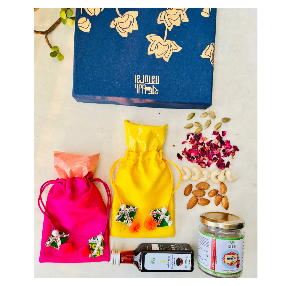 Shuddh Natural Ubtan Based Herbal Gulal, Ayurvedic Thandai Powder and Kalonji Hair Oil | Holi Gift Hamper Shuddh Natural