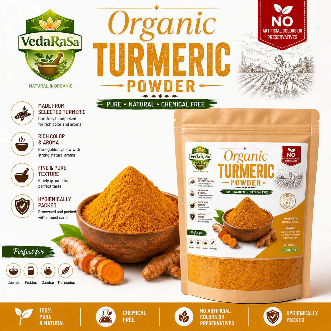 VedaRasa Organic Turmeric Powder Premium Quality VedaRasa