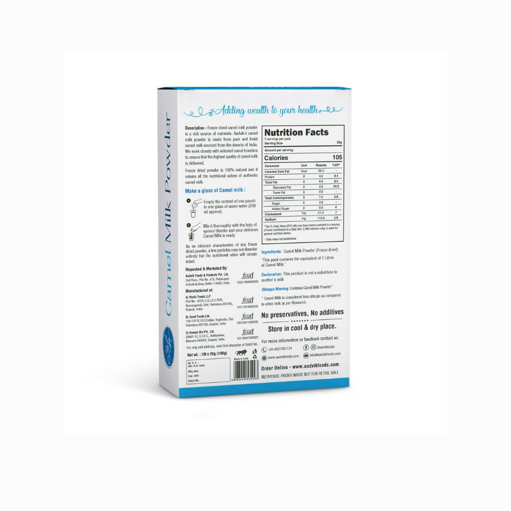Aadvik Camel Milk Powder Freeze-Dried Sachets (20 g Each) Aadvik