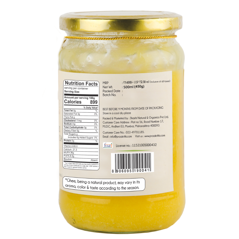 Praakritik Natural Desi Gir Cow A2 Ghee | Organic Grassfed - Vegetarian GMO Free Lactose Free - Cow Ghee Praakritik