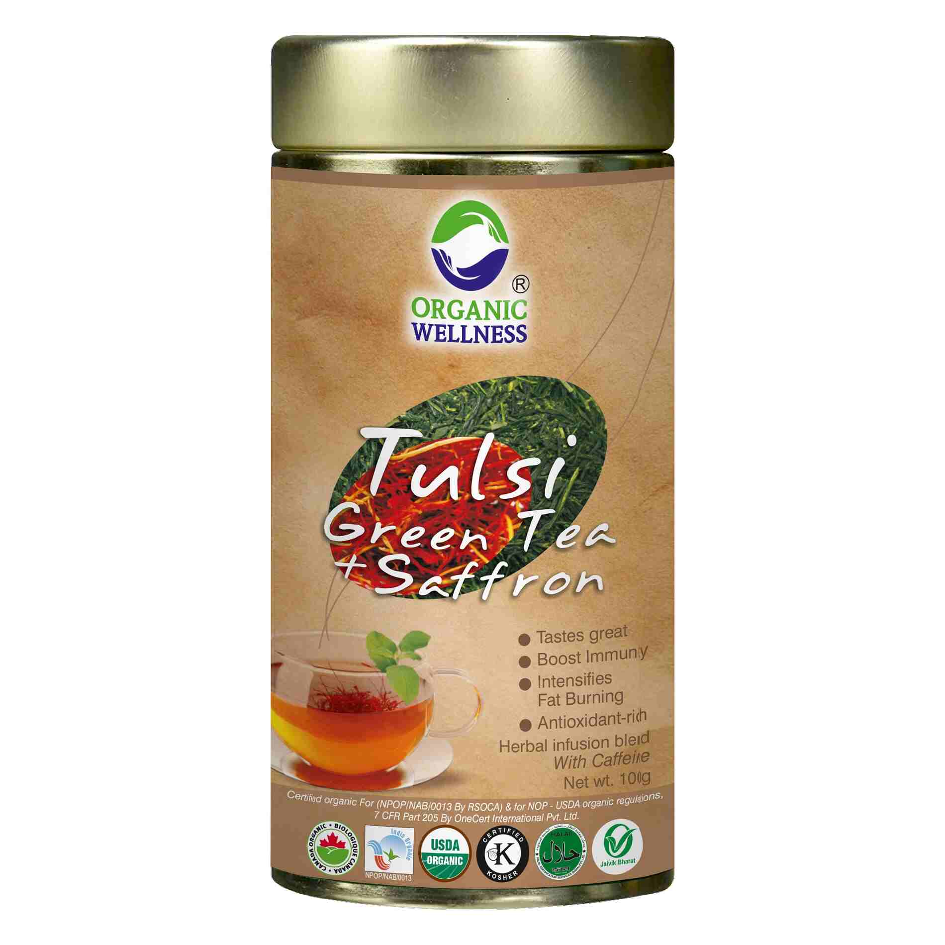 Organic Wellness Tulsi Green Tea + Saffron Tin Pack Organic Wellness