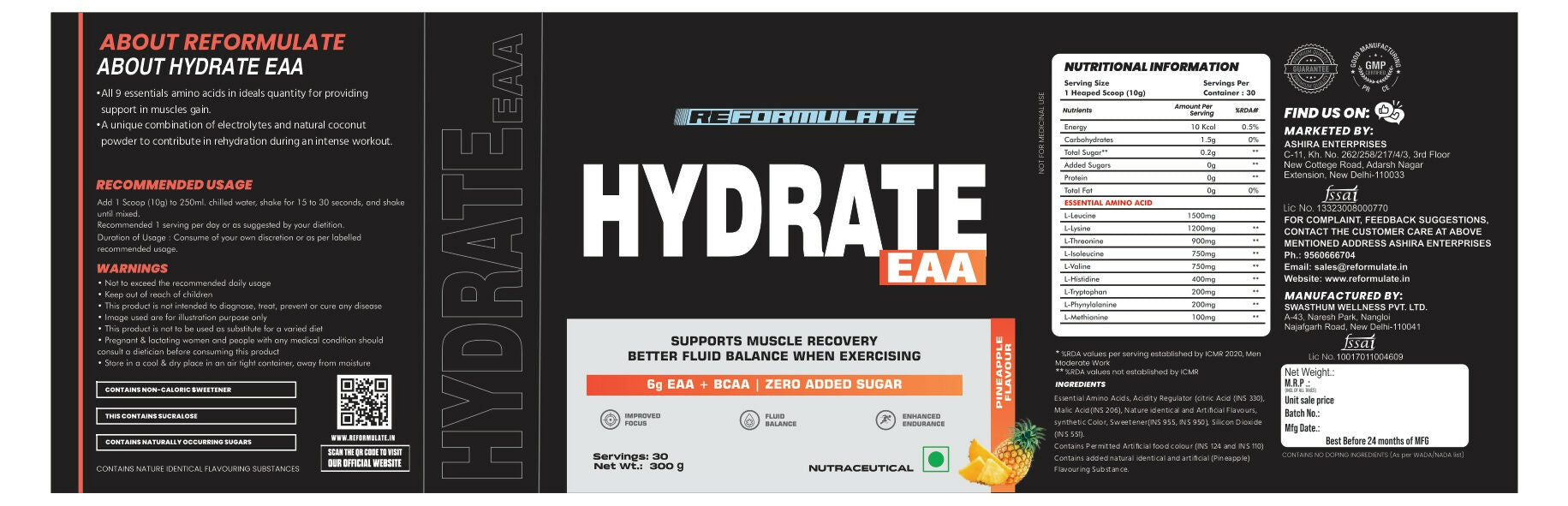 Reformulate Hydrate EAA I Supports Muscle Recovery | Zero Added Sugar | Improved Focus I Fluid Balance - Pine Apple Reformulate