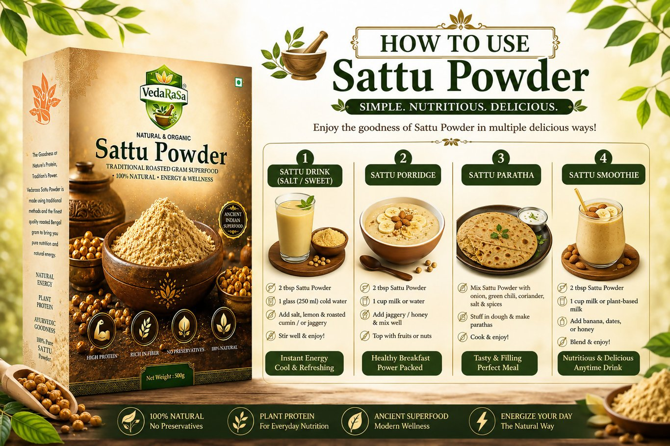 VedaRasa Premium Sattu Powder – Organic Roasted Chana Powder VedaRasa