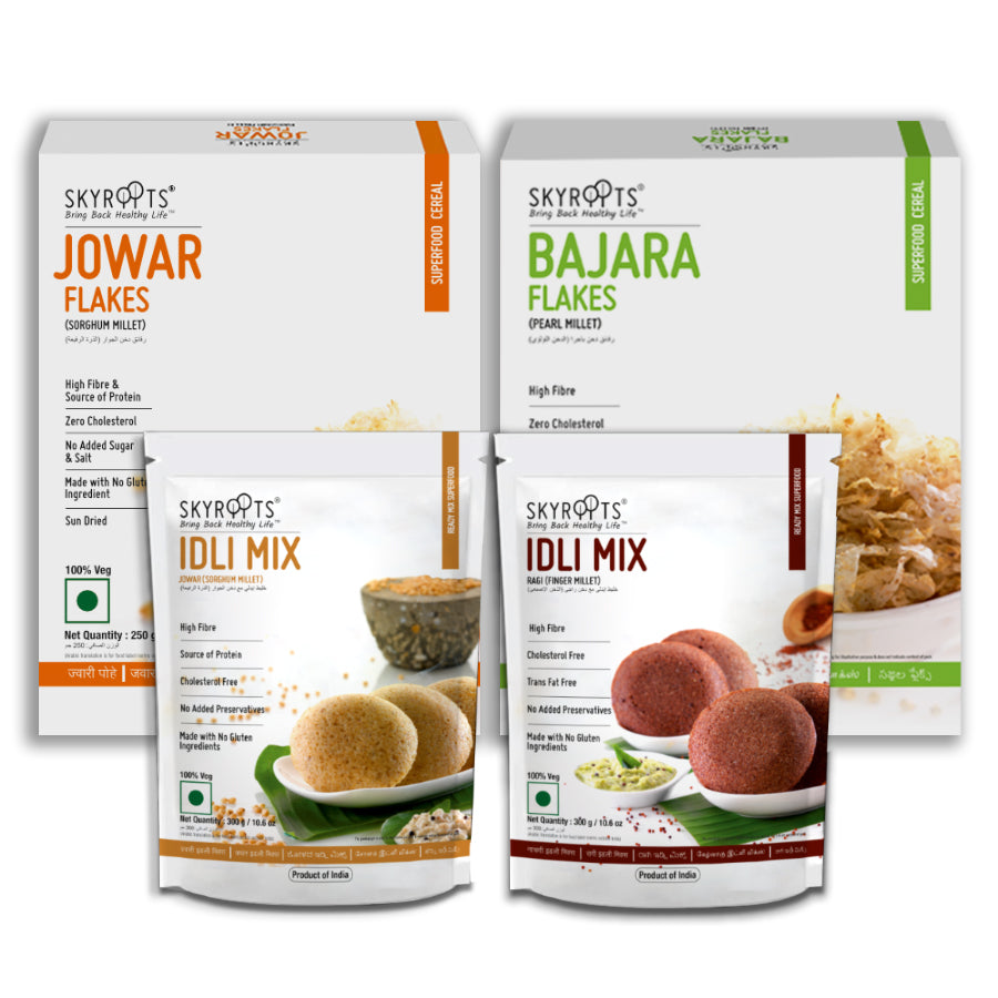 Skyroots Jowar Flakes + Bajara Flakes + Ragi Idli Mix + Jowar Idli Mix Combo Pack - Safuron