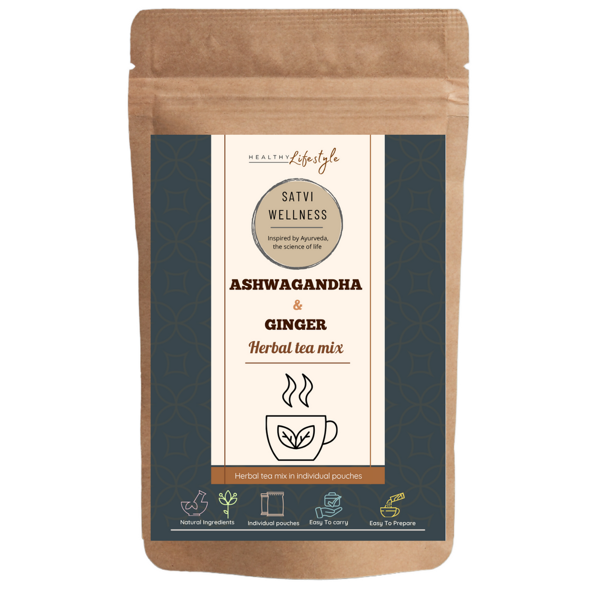 Satvi Wellness Ashwagandha Ginger Herbal Infusion Mix In Indvidual Packets | Herbal Tea Sachet - Dista
