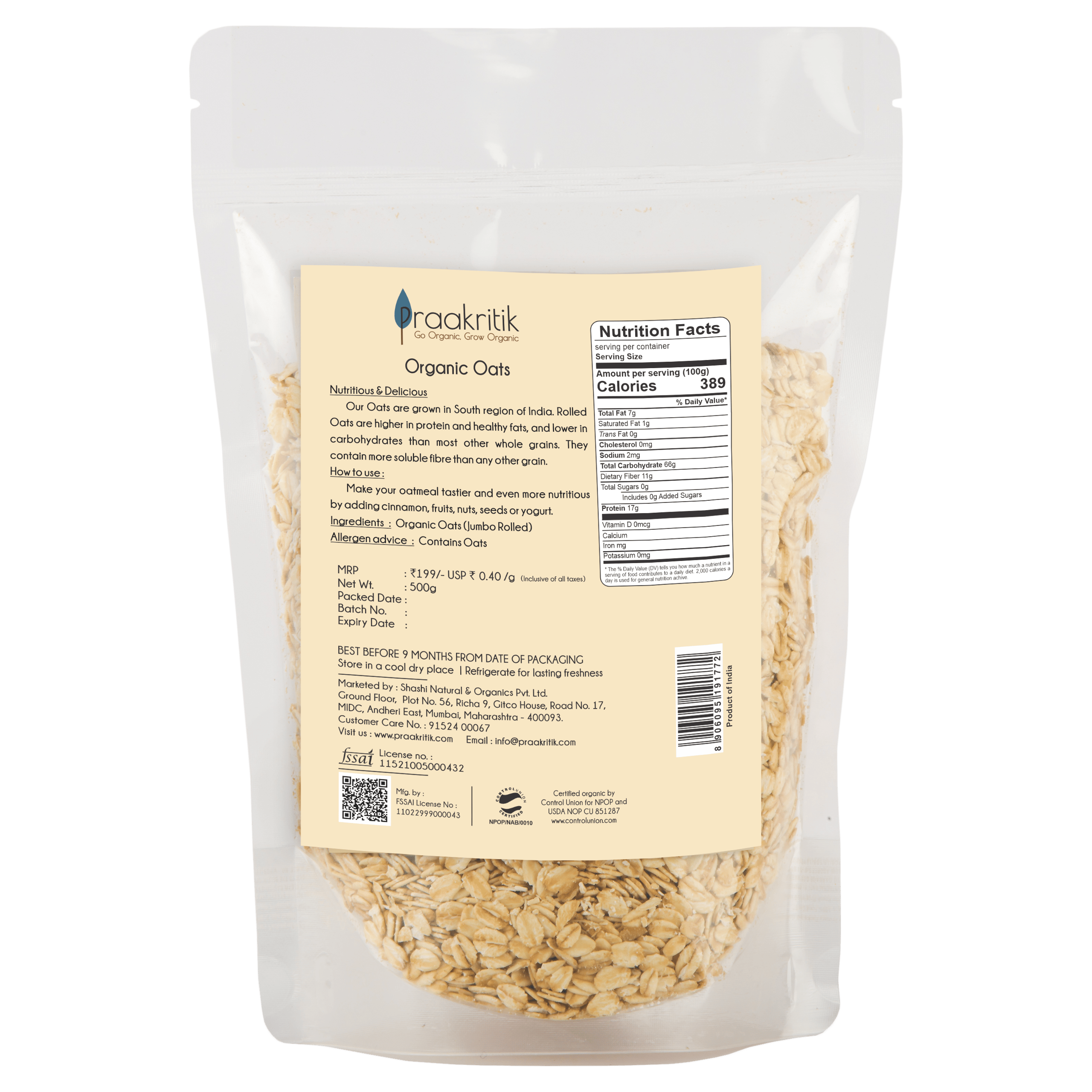 Prakritik Organic Jumbo Rolled Oats Praakritik