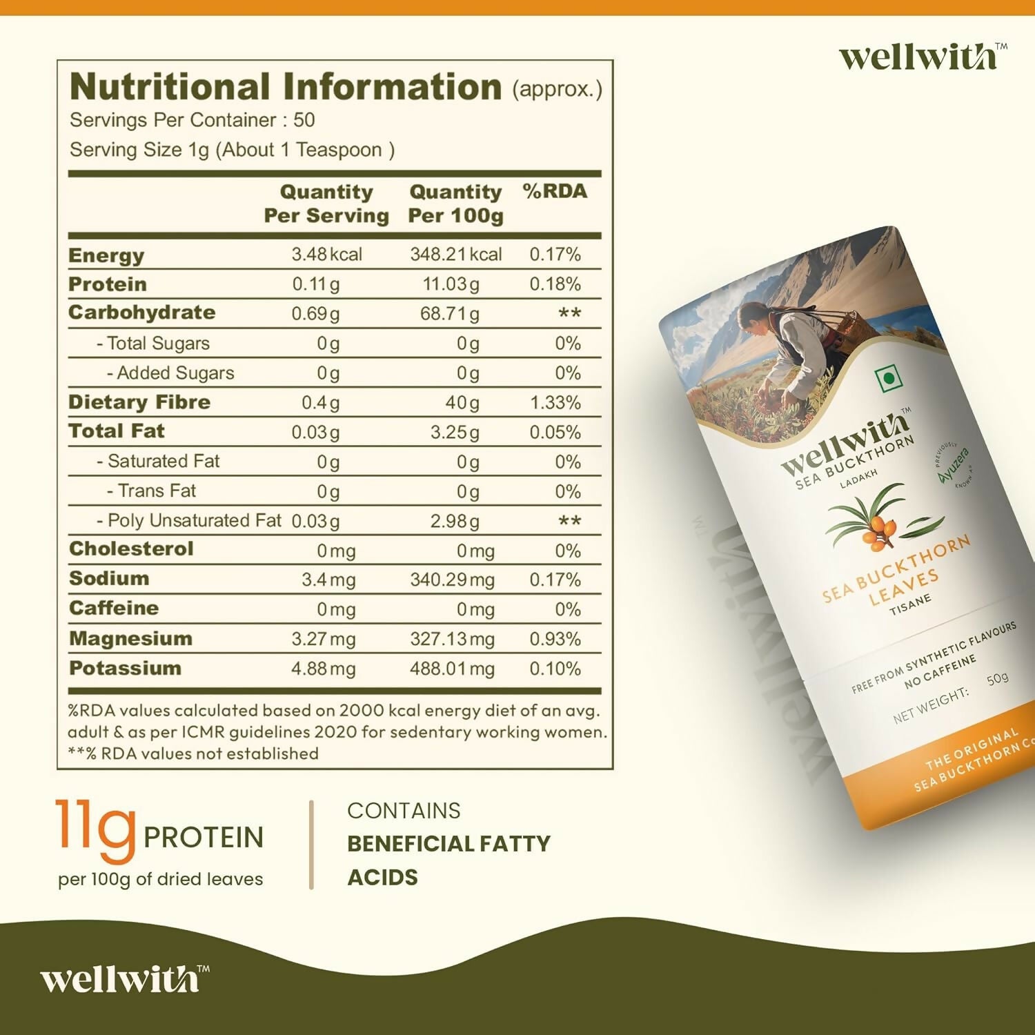Wellwith Sea Buckthorn Raw Leaves Tea - Himalayan Herbal Leaf Tea Wellwith