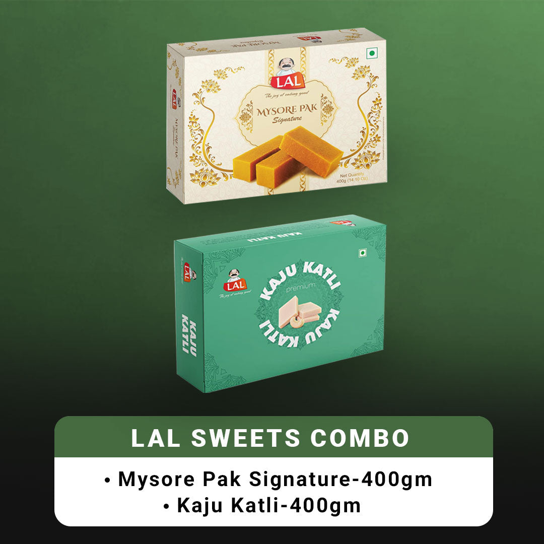 Lal Sweets Combo Pack - Mysore Pak Signature 400Gm And Kaju Katli 400 Gm Gift Pack | Desi Cow Ghee Indian Sweets | Mithai Box Lal Sweets