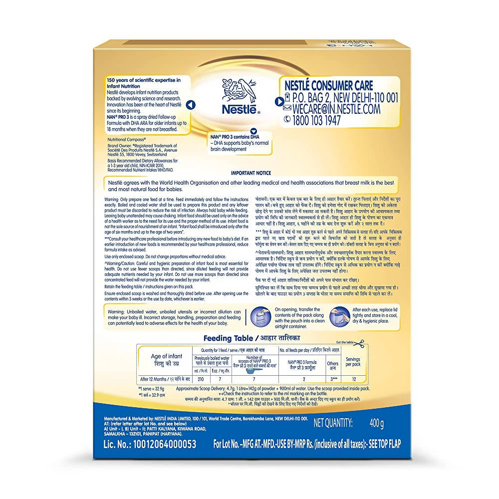 Nestle Nan Pro 3 Follow-Up Formula Powder After 12 Upto 18 Months Infants Stage 3 Nestle