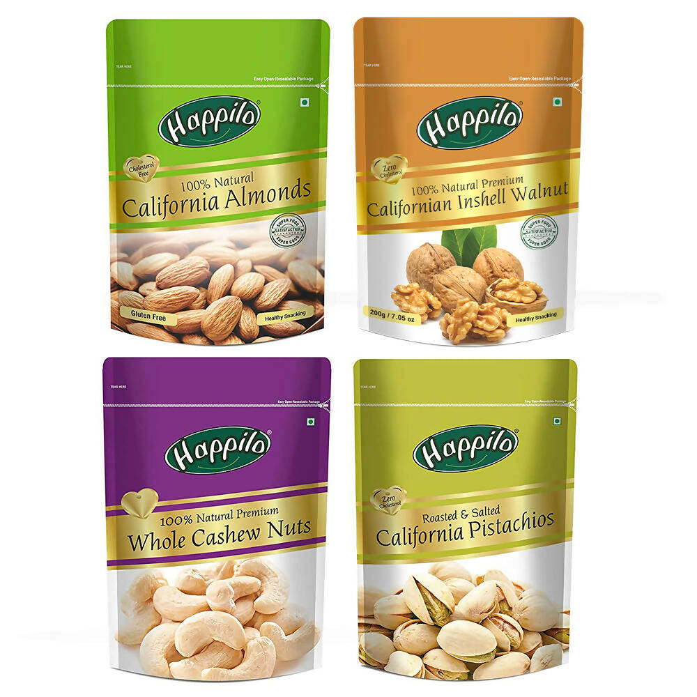 Happilo Premium Dry Fruit Combo (Almond, Cashews, Pistachios & Inshell Walnuts) - Safuron