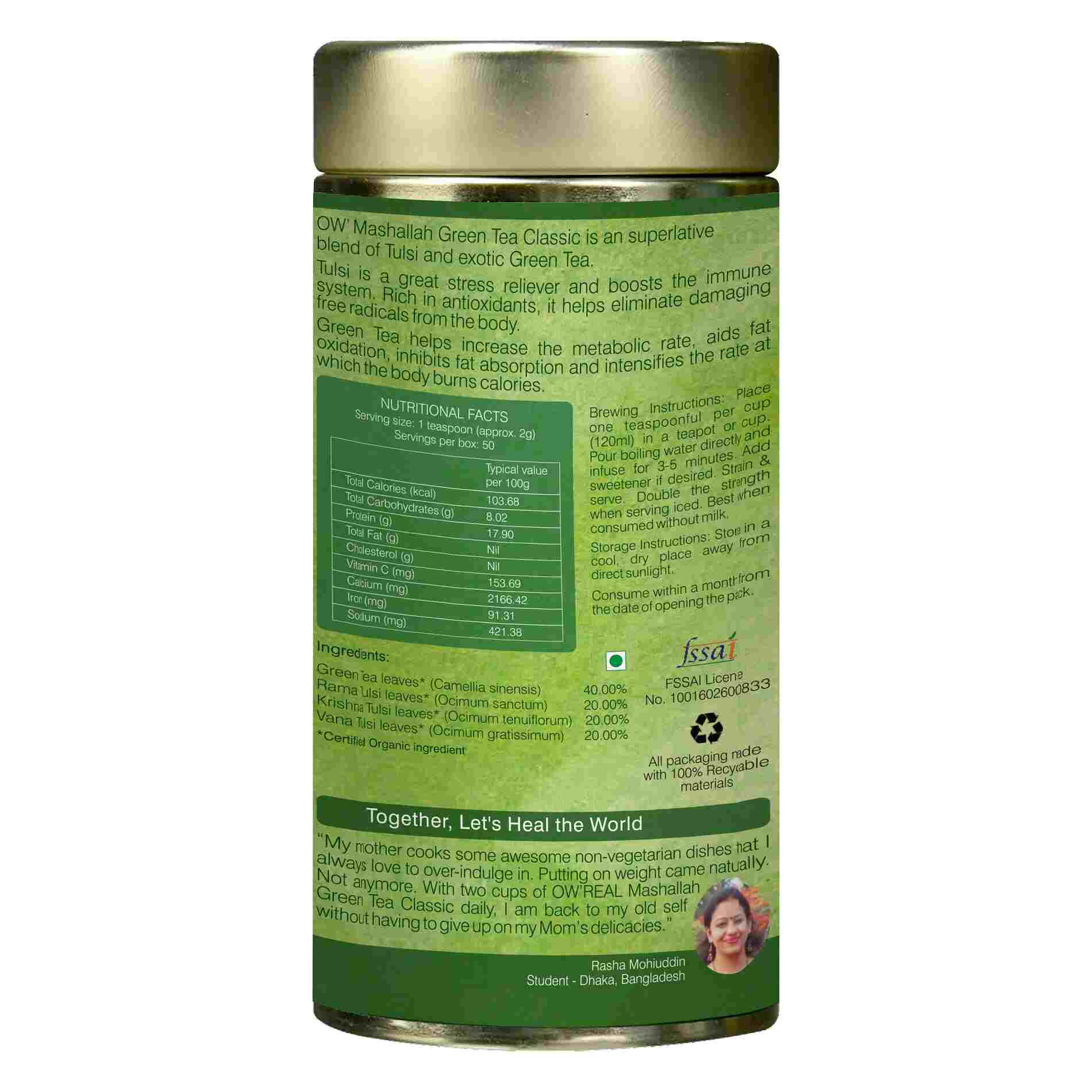 Organic Wellness Mashallah Green Tea Classic Tin Pack Organic Wellness