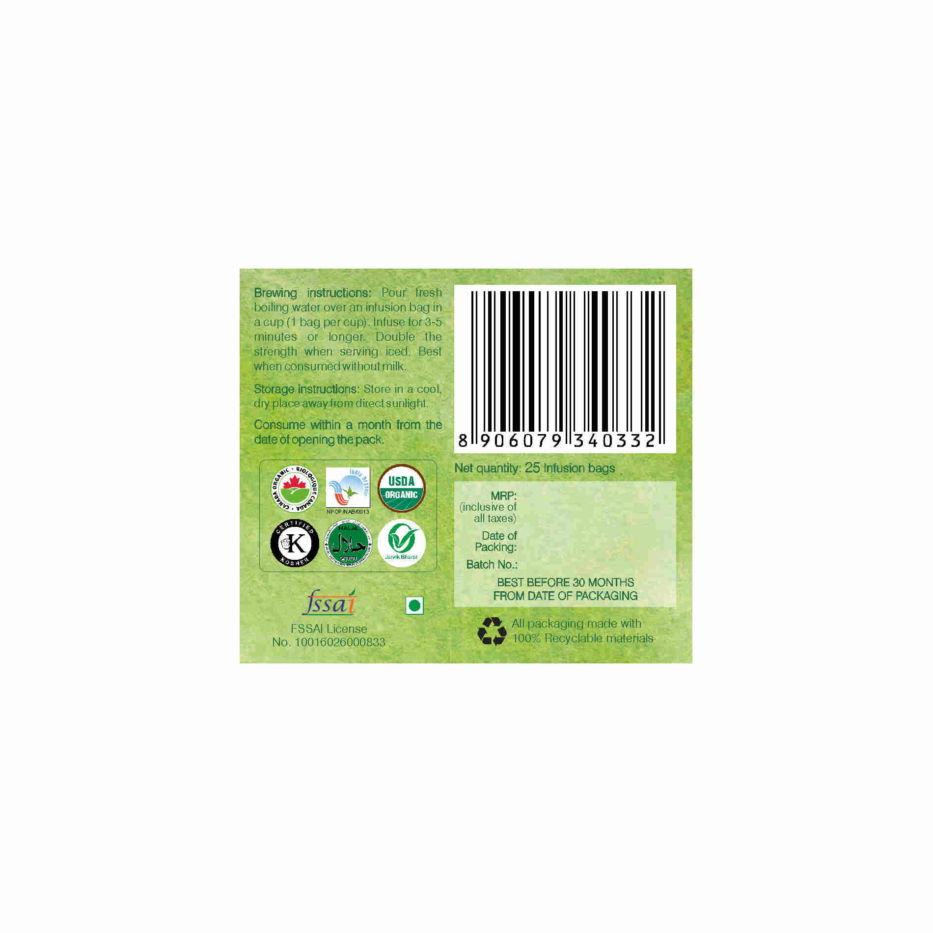 Organic Wellness Mashallah Green Tea Classic Teabags Organic Wellness