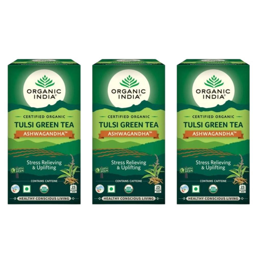 Organic India Tulsi Green Tea Ashwagandha - Herbal Sleep Tea, Caffine Free - Safuron