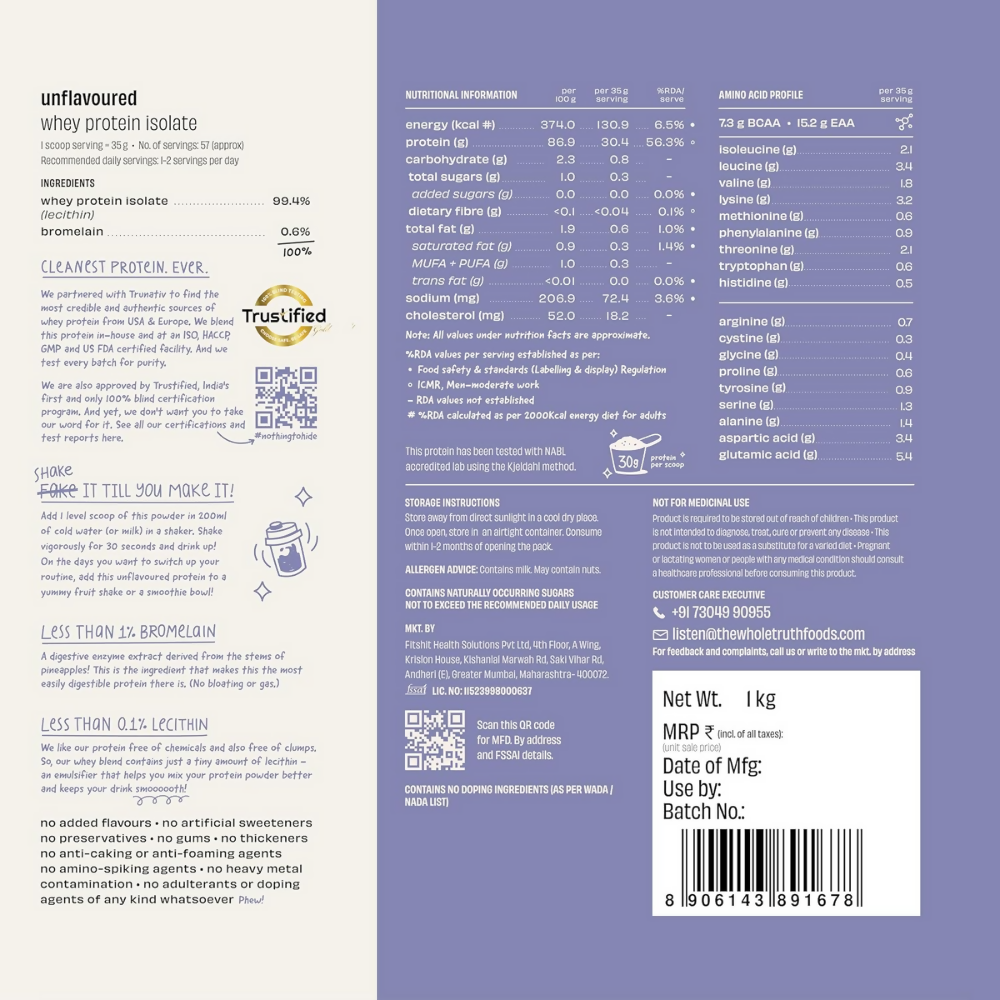 The Whole Truth Whey Protein Isolate Unflavoured The Whole Truth