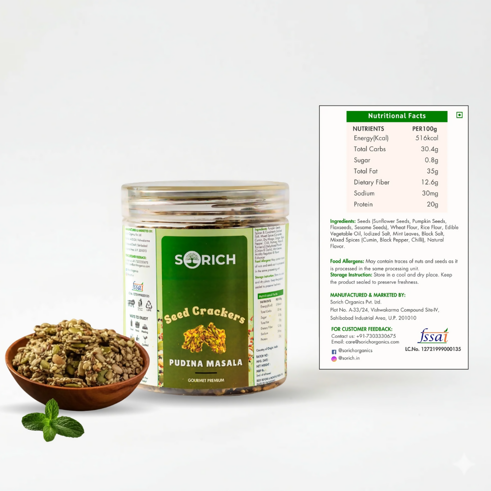 Sorich Organics Pudina Seeds Cracker – Crispy & Healthy Snack with Pudina Masala Twist Sorich