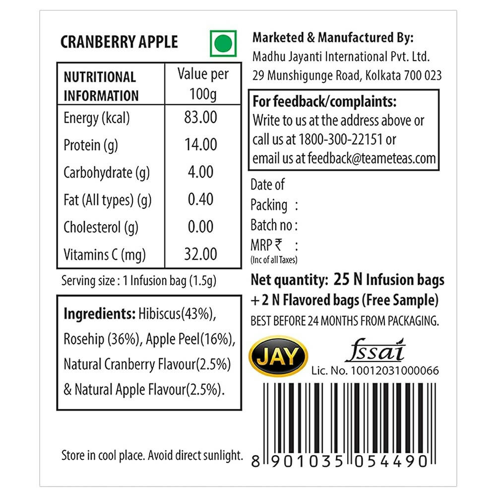 TE-A-ME Cranberry Apple Cheer Infusion Tea Bags TE-A-ME