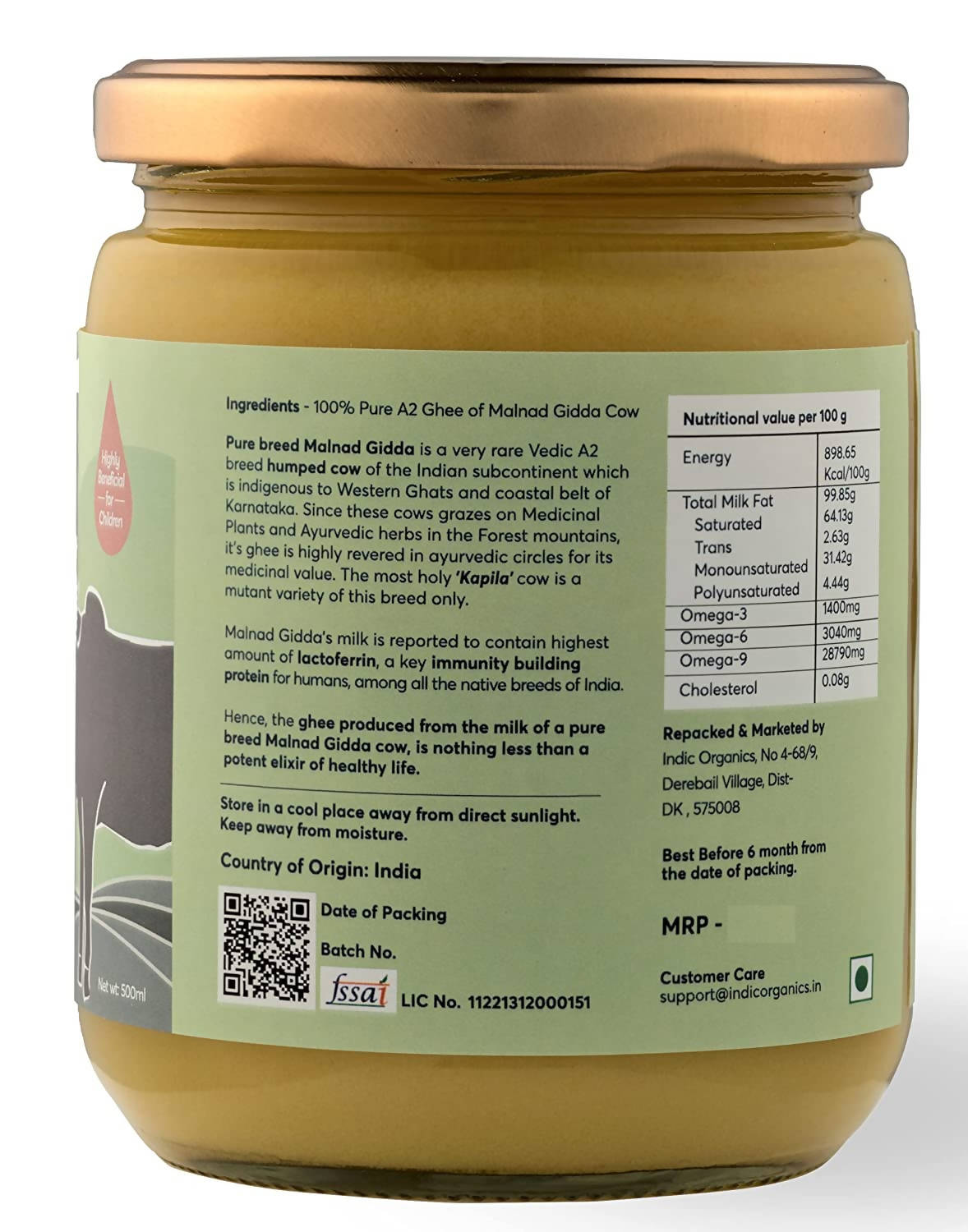 Indic Organics Forest Grazing Malnad Gidda Desi Cow's A2 Ghee | Pure Desi Cow Ghee | Cultured Premium Ghee Indic Organics