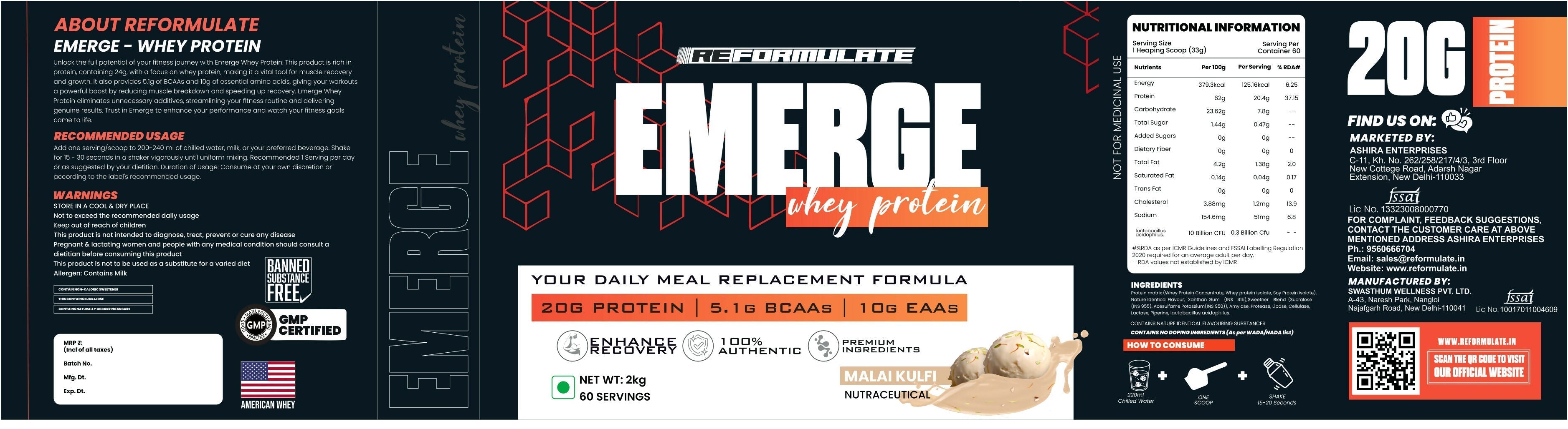 Reformulate Emerge I Whey Protein I Your Daily Meal Replacement Formula I 20 G I Protein I 5.1 G Bcaa's I 10 G Eaa's - Malai Kulfi Reformulate