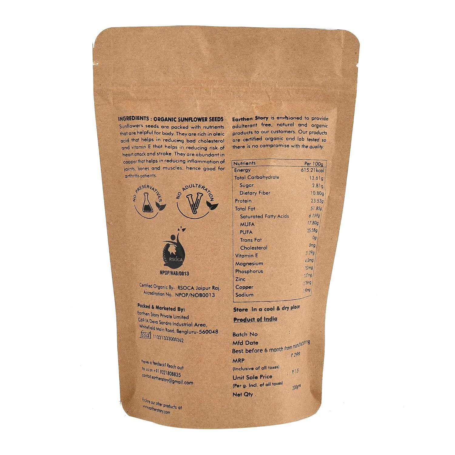 Earthen Story Certified Organic Raw Sunflower Seeds Earthen Story