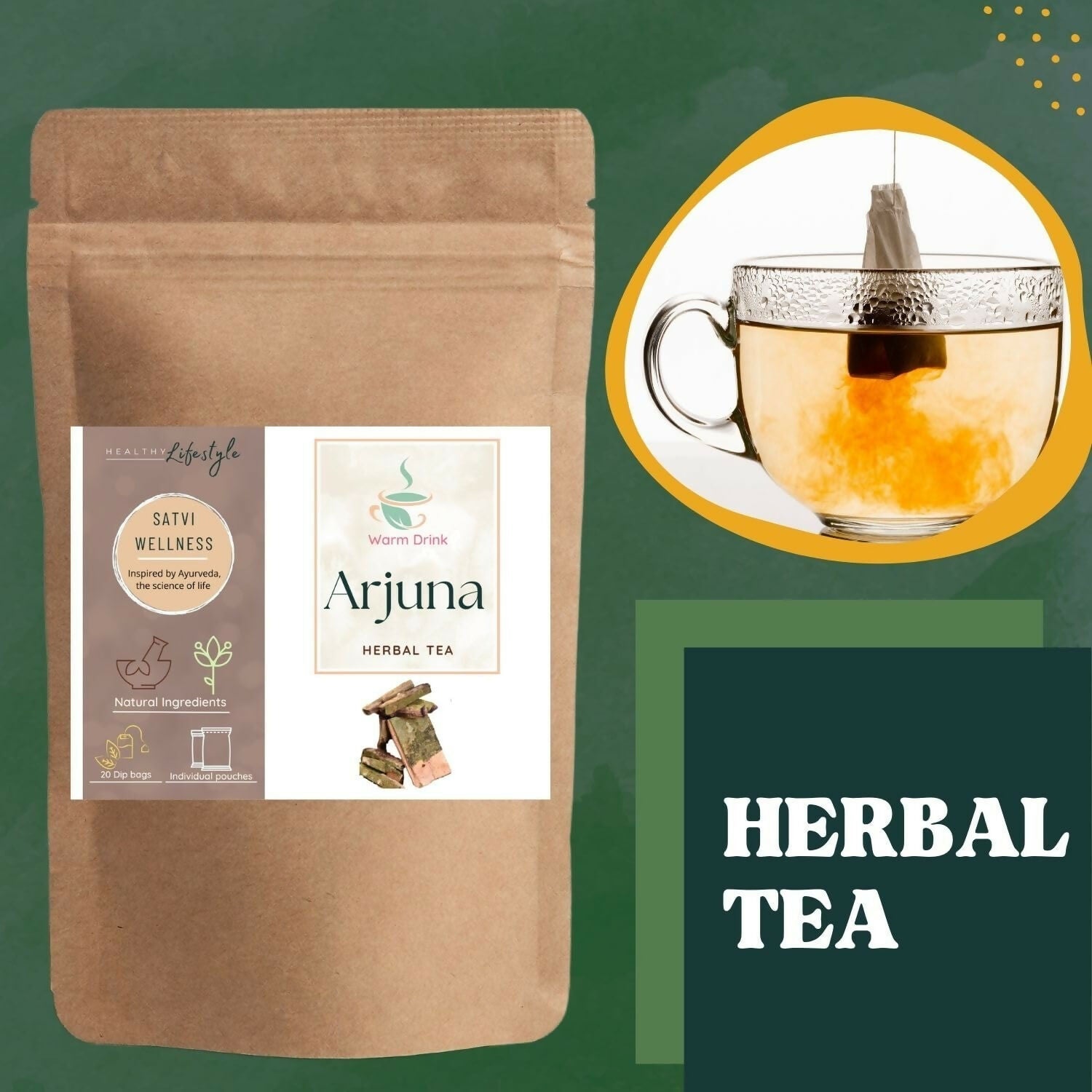 Satvi Wellness Arjuna herbal tea | Terminalia Arjuna tea bag | Natural ingredients | Herbal tea Satvi Wellness