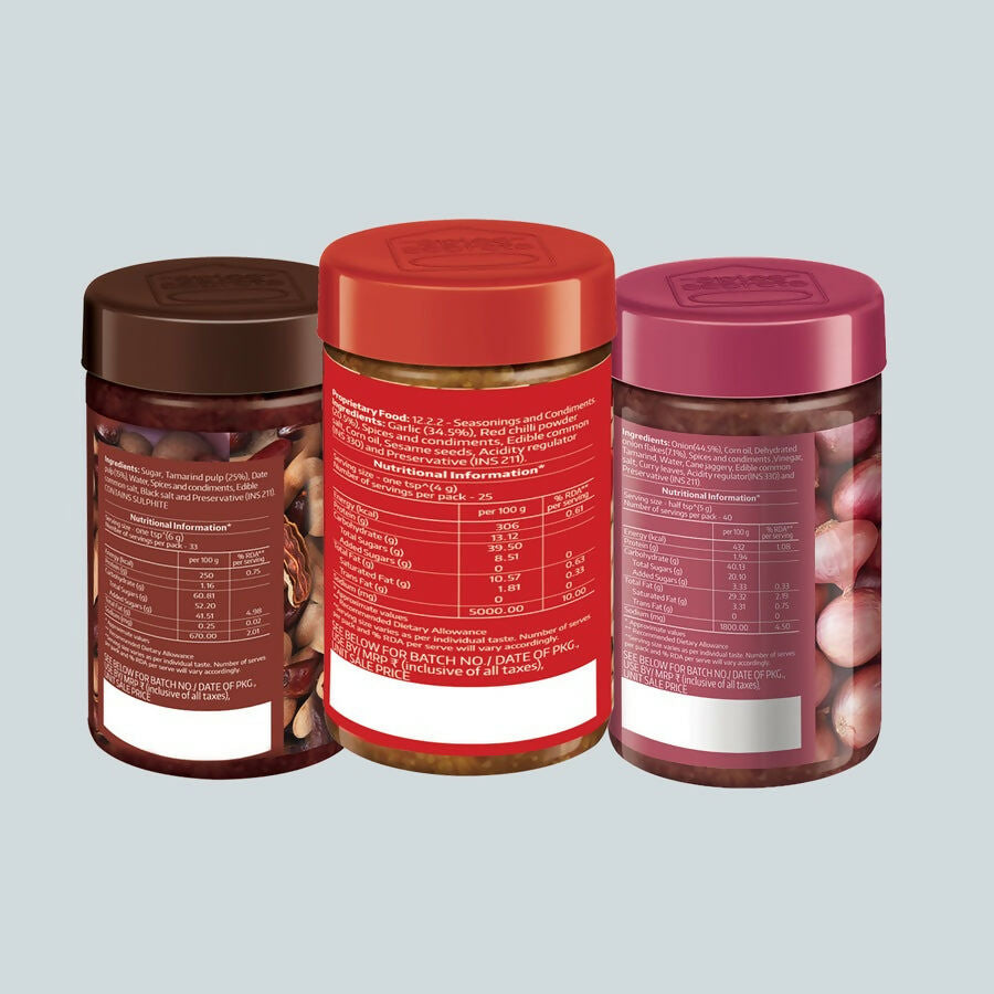 Society Onion Chutney & Dry Garlic Chutney & Tamarind Date Chutney Combo Society