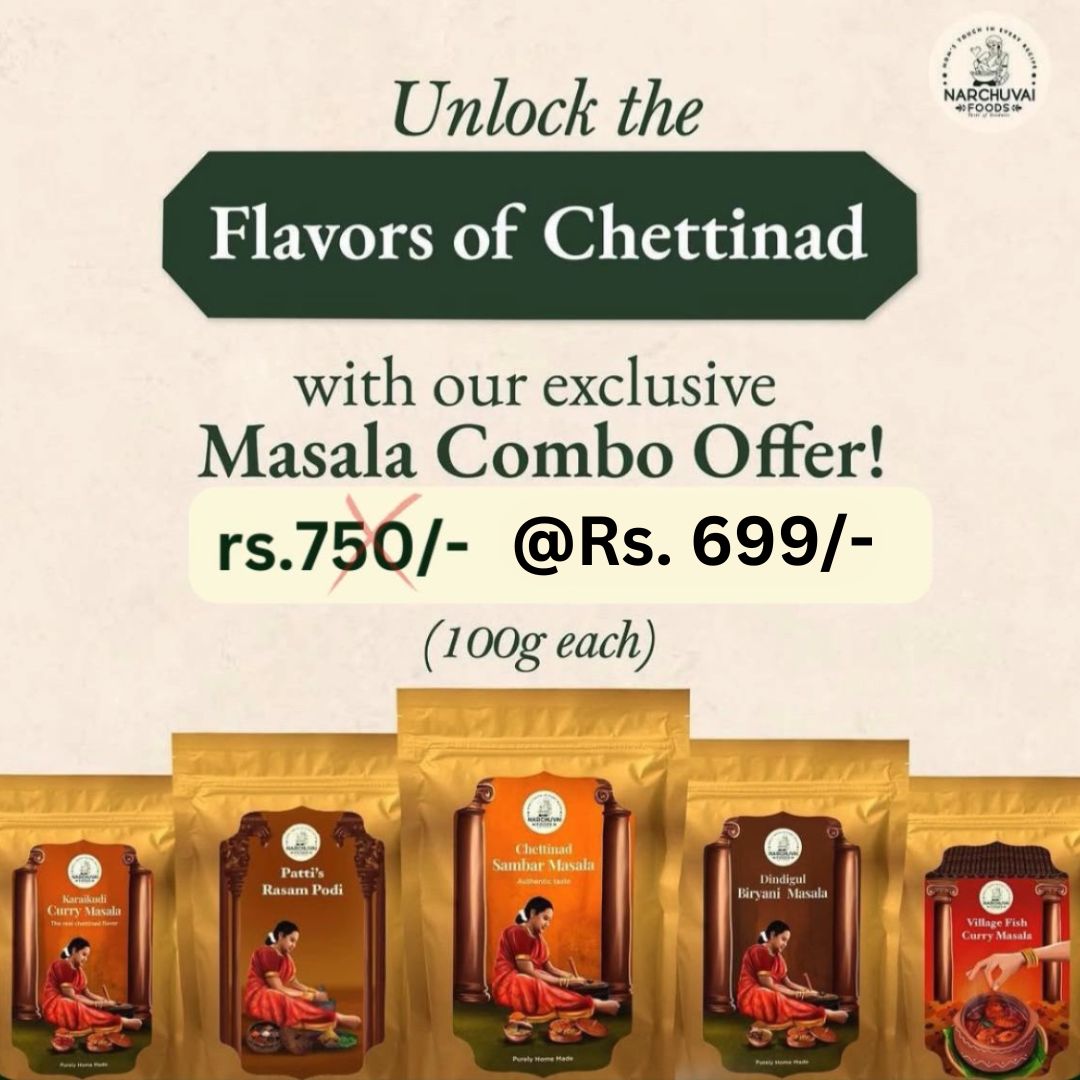 Narchuvai Foods Flavors of Chettinad Combo (Chettinad Sambar Masala + Karaikudi Curry Masala + Dindugul Biryani Masala + Fish Curry Masala + Patti's Rasam Podi) - Safuron