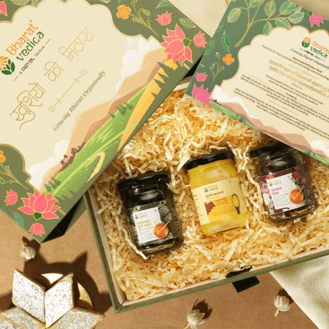 Bharat Vedica Gift Hamper (125g Ajwain Honey, 125g Gulkand Honey, 125ml A2 Cow Ghee) - Safuron