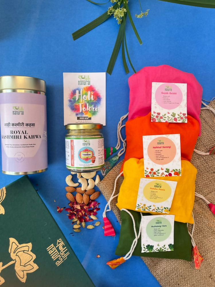 Shuddh Natural Ubtan Based Herbal Gulal, Ayurvedic Thandai Powder, Kashmiri Kahwa | Holi Gift Hamper Shuddh Natural