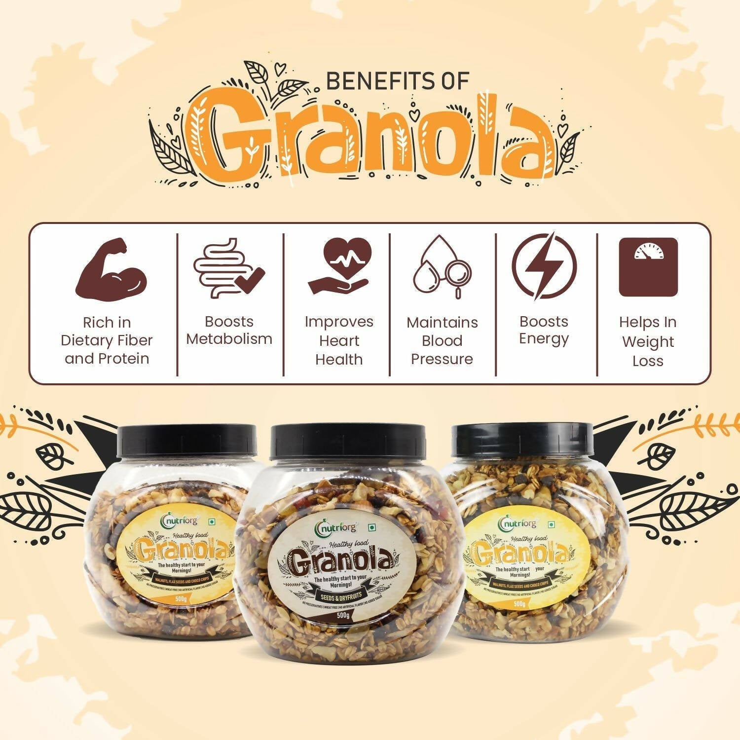 Nutriorg Crunchy Granola Walnut, Flaxseeds & Choco Chips Flavor Nutriorg
