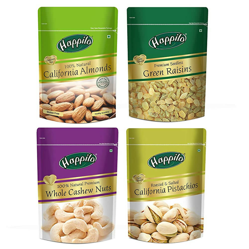 Happilo Premium Dry Fruits Combo (California Almonds, Raisins, Whole Cashews, Roasted Pistachios) - Safuron