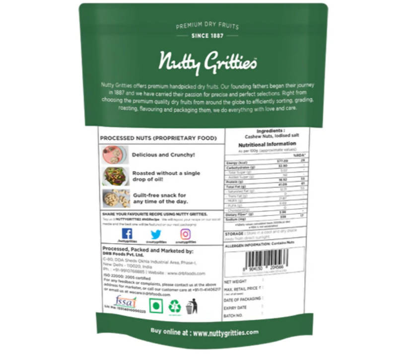 Nutty Gritties Jumbo Roasted Cashew Nuts Lightly Salted Nutty Gritties