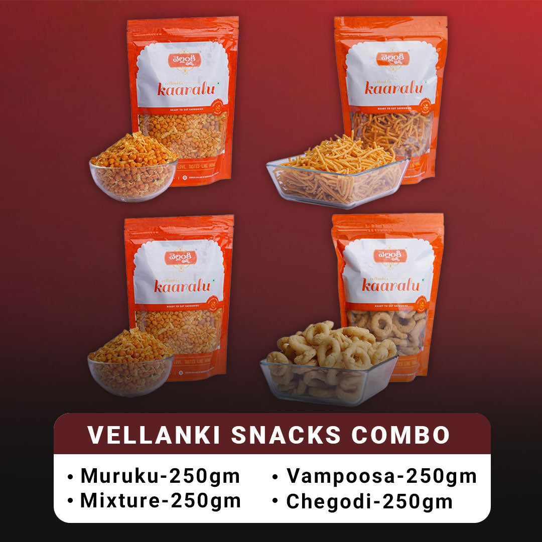 Vellanki Foods Namkeen Combo Pack (250g Each) - Muruku, Chegodi, Vampoosa, Mixture Vellanki Foods