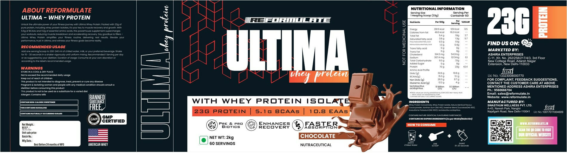 Reformulate Ultima I Whey Protein with Isolate I 23 G Protein I 5.1G BCAA I 10.8 EAA I Pre & Probiotics - Chocolate Reformulate