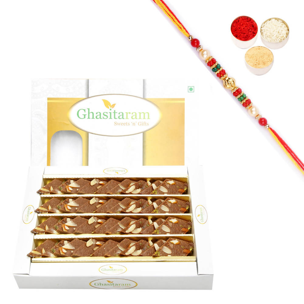 Ghasitaram Chocolate Kaju Katli With Pearl Beads Rakhi Ghasitaram