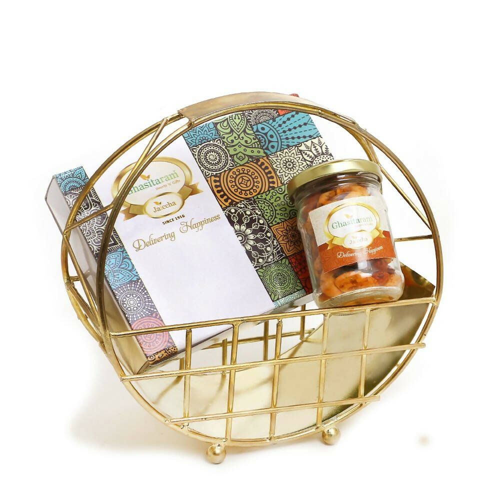 Ghasitaram Half Moon Metal Basket of Mix Dryfruits, Assorted Bites - Safuron