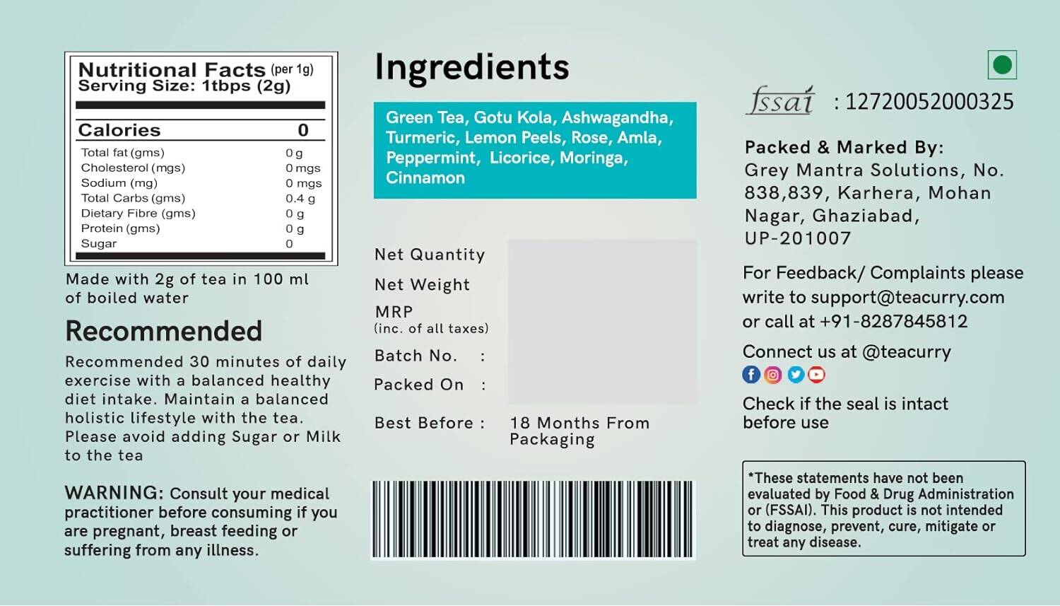 Teacurry Dark Circles Tea Bags Teacurry