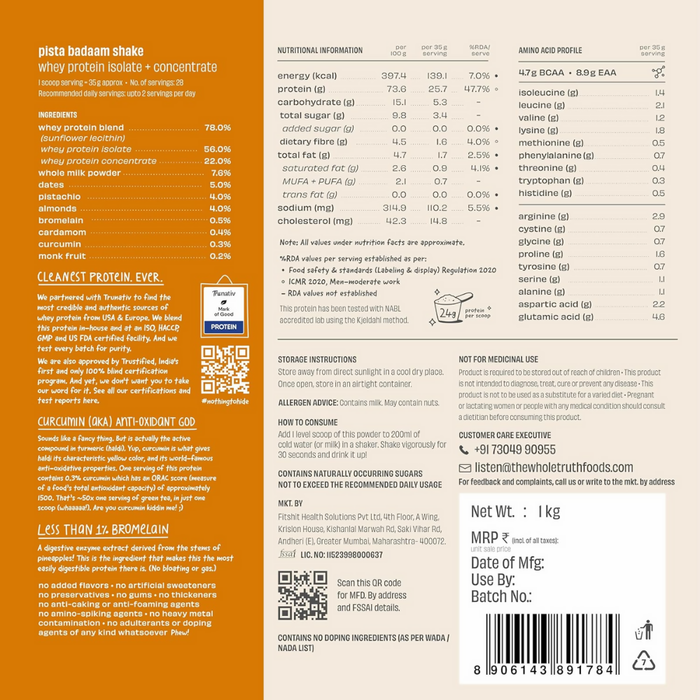 The Whole Truth Whey Protein Isolate+Concentrate - Pista Badaam Shake The Whole Truth