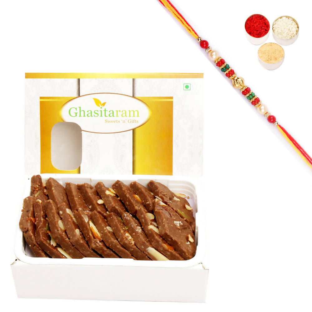 Ghasitaram Chocolate Kaju Katli With Pearl Beads Rakhi Ghasitaram