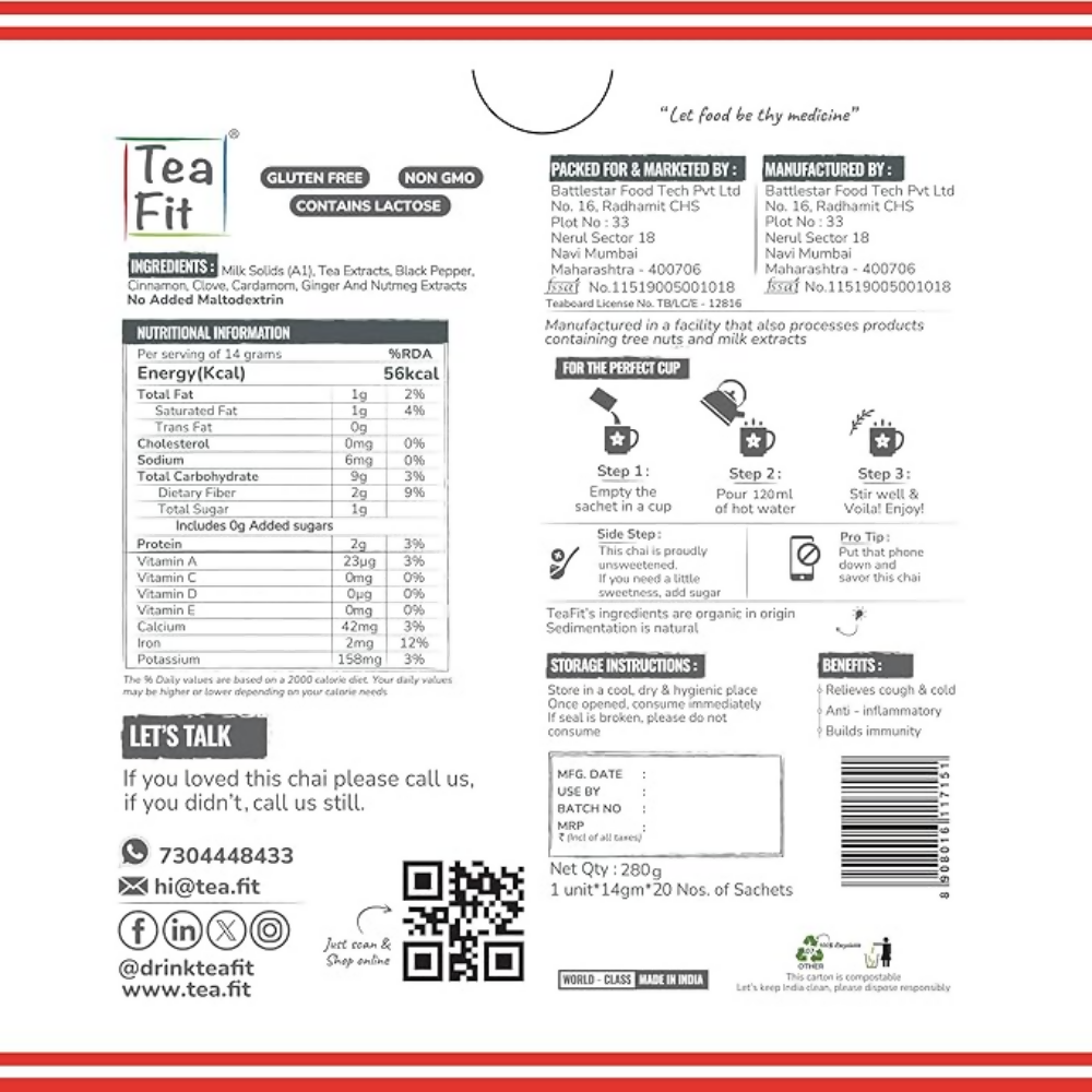 TeaFit Premium NO SUGAR Instant Masala Tea Premix TeaFit