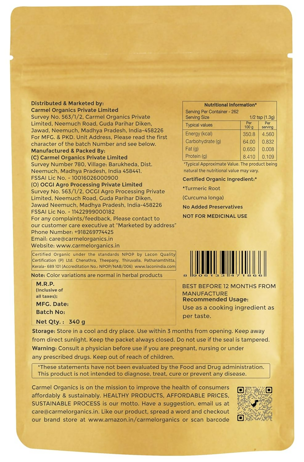 Carmel Organics Turmeric Root Powder Carmel Organics