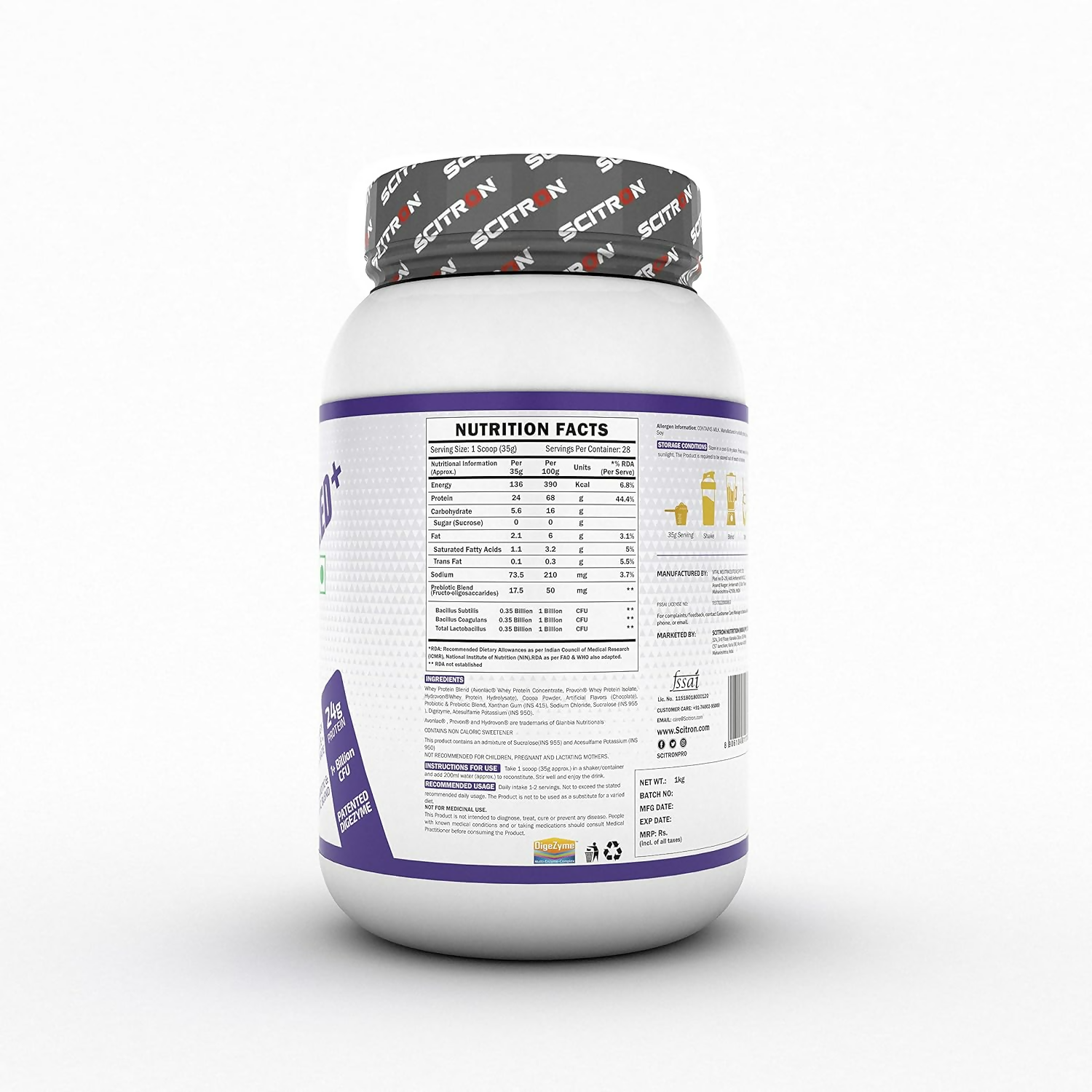 Scitron Whey Hydrolyzed Synbiotic 100% Hydrolyzed Protein Powder Chocolate Flavor Scitron